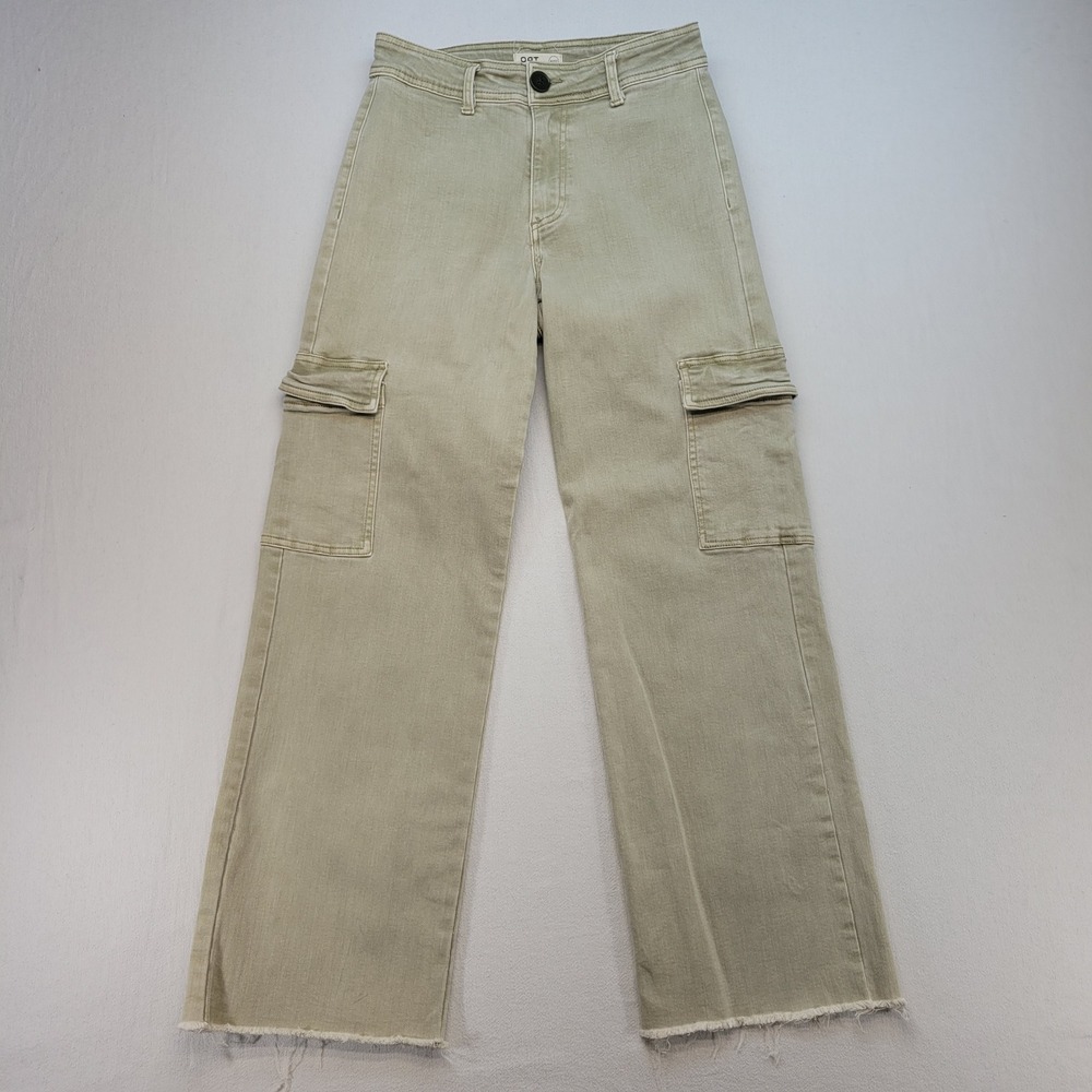 OAT New York‎ Cargo Jeans Womens 4/27 Green Wide Leg Raw Hem High Rise Utility